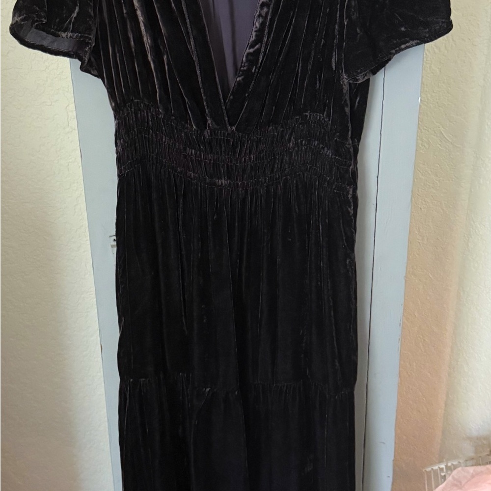 Anthropologie Black Velvet Maxi Dress with V-Neck